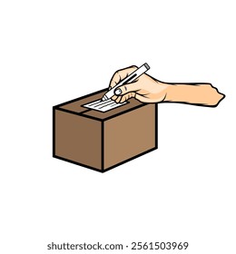 right hand writes the address of the package on the cardboard vector illustration