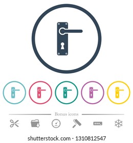 Right handed door handle with screws flat color icons in round outlines. 6 bonus icons included.