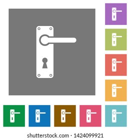 Right handed door handle with screws flat icons on simple color square backgrounds