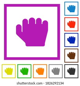 Right handed grab gesture flat color icons in square frames on white background