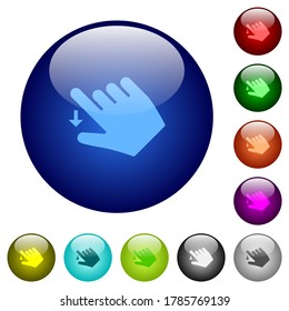 Right handed move down gesture icons on round glass buttons in multiple colors. Arranged layer structure