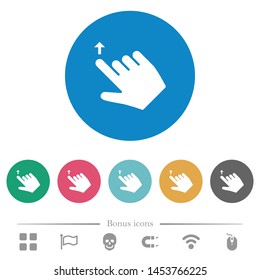 Right handed move up gesture flat white icons on round color backgrounds. 6 bonus icons included.