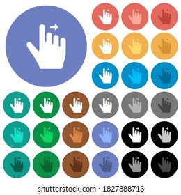 Right handed move right gesture multi colored flat icons on round backgrounds. Included white, light and dark icon variations for hover and active status effects, and bonus shades.