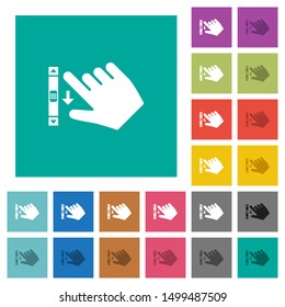 Right handed scroll down gesture multi colored flat icons on plain square backgrounds. Included white and darker icon variations for hover or active effects.
