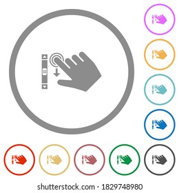 Right handed scroll down gesture flat color icons in round outlines on white background