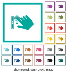 Desplazamiento hacia abajo con la mano derecha gesto iconos de color plano con marcos cuadrantes sobre fondo blanco