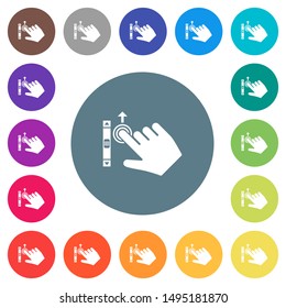 Right handed scroll up gesture flat white icons on round color backgrounds. 17 background color variations are included.