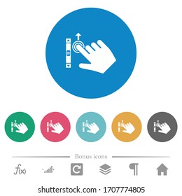 Iconos blancos planos con desplazamiento hacia arriba con las manos derecha en fondos de color redondo. 6 iconos de bonificación incluidos.