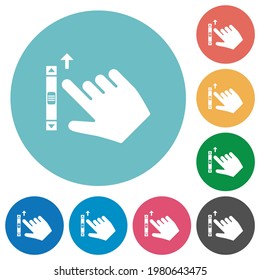 Right handed scroll up gesture flat white icons on round color backgrounds