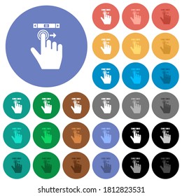 right handed scroll right gesture multi colored flat icons on round backgrounds. Included white, light and dark icon variations for hover and active status effects, and bonus shades.