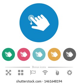 Right handed slide down gesture flat white icons on round color backgrounds. 6 bonus icons included.