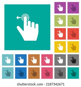 Right handed slide left gesture multi colored flat icons on plain square backgrounds. Included white and darker icon variations for hover or active effects.