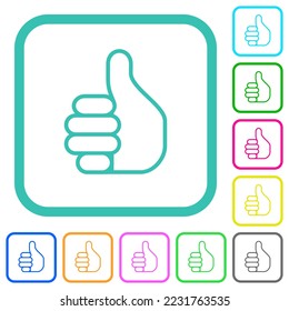 Right handed thumbs up outline vivid colored flat icons in curved borders on white background