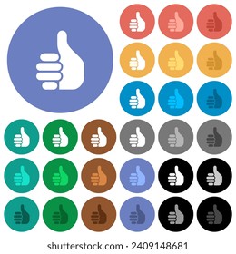 Right handed thumbs up solid multi colored flat icons on round backgrounds. Included white, light and dark icon variations for hover and active status effects, and bonus shades.