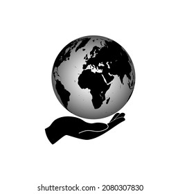 La mano humana derecha sostiene el planeta Tierra sobre un fondo blanco. Imagen vectorial.