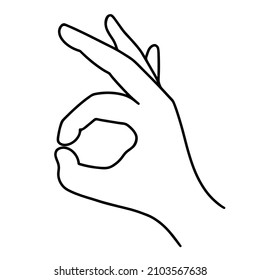 The right human hand shows an okay gesture. Hand-drawn illustration isolated on white backdrop. A symbol of agreement, approval, readiness. Simple concept for web design, packaging, advertising.