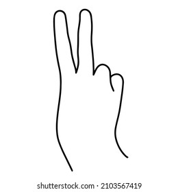 The right human hand shows the symbol of victory. Vector icon isolated on white backdrop. The man shows the index and middle fingers, a gesture of peace. Clipart for web design, advertising.