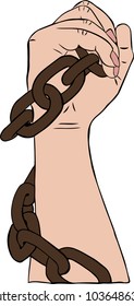 right human hand is wrapped in a metal chain and is raised upwards, isolated on a white background