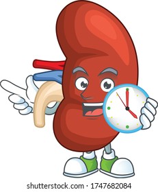 Diseño de mascota de riñón humano derecho sosteniendo un reloj circular