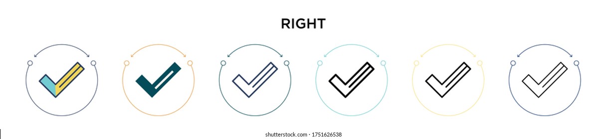 Icono derecho en el estilo relleno, delgado, contorno y trazo. Ilustración vectorial de dos diseños de iconos vectoriales de color y negro derecho se pueden utilizar para móviles, ui, web