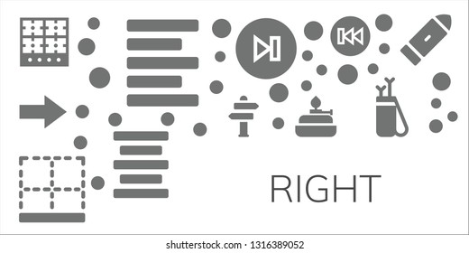 right icon set. 11 filled right icons.  Collection Of - Burner, Left alignment, Next, Sign Post, Bottom, Center alignment, Previous, Arrow, Bullet
