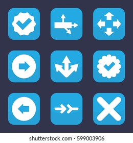 right icon. Set of 9 filled right icons such as arrow left, arrow right, cross, arrow, tick