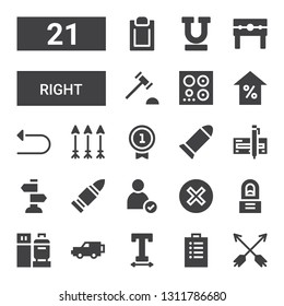 right icon set. Collection of 21 filled right icons included Arrows, Padnote, Text width, x, Check in, Regeneration, Cancel, Check, Bullet, Sign Post, Number, Undo, Arrow, Burner