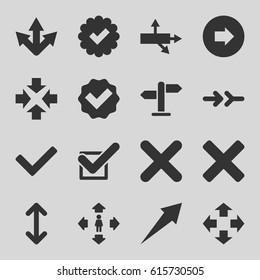 Right icons set. set of 16 right filled icons such as arrow right, man move, tick, cross, direction, arrow