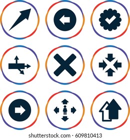 Right icons set. set of 9 right filled icons such as arrow left, arrow right, man move, cross, move