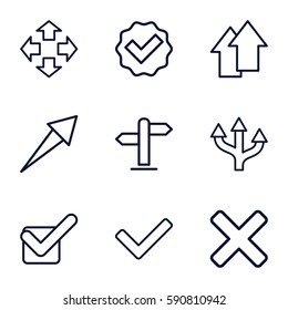 right icons set. Set of 9 right outline icons such as tick, direction, arrow up, cross, move
