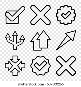 Right icons set. set of 9 right outline icons such as tick, cross, arrow up, move