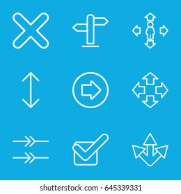 Right icons set. set of 9 right outline icons such as arrow right, man move, tick, cross, direction, arrow