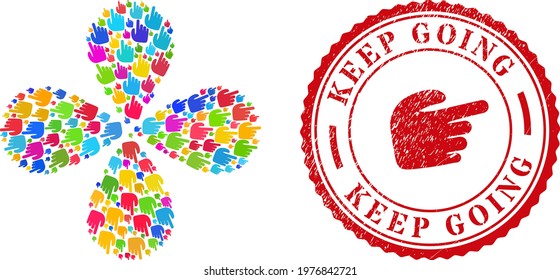 Right index finger bright rotation flower shape, and red round KEEP GOING rough stamp. Right index finger symbol inside round stamp.