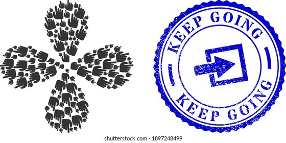 Right index finger rotation flower with four petals, and blue round KEEP GOING textured stamp print with icon inside. Element twist done from oriented right index finger symbols.