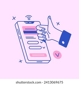 Right input data to success cashless payment in online banking. People pay by digital card in internet. Correct money transfer by phone. Thumbs up gesture. Flat isolated lineart vector illustration