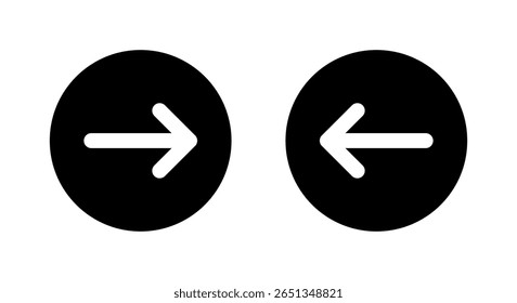 Ícone de seta para a direita e para a esquerda em círculo preto. Para frente e para trás. Símbolo seguinte e anterior