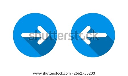 Right and left arrow icon with long shadow. Forward and back sign. Next and previous symbol