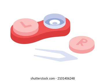 Right and left contact lens in container and tweezers flat vector illustration