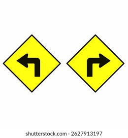 Right and left curve traffic warning sign isolated yellow diamond shape. Road sign with black arrow indicating upcoming right or left turn. Used for driver caution and road safety.