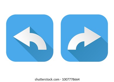 Right and left curved arrows. Square blue signs. Vector illustration isolated o white background