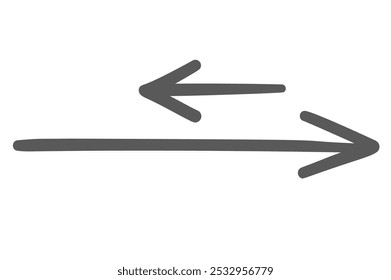 Right and left double arrows line icon. Outline hand drawn by pencil vintage element of two opposite way direction. Exchange mascot, simple doodle long and short side arrows icon vector illustration