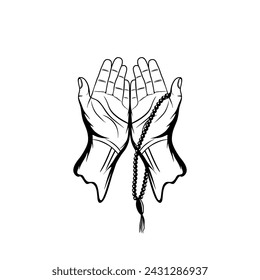 right and left hand gestures looking up with prayer beads in Islam black and white vector illustration