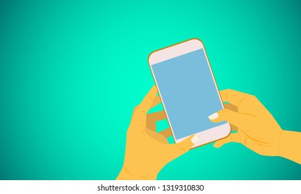 right and left hand holding smartphone using application for social business marketing vector illustration eps10