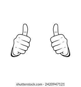 right and left hand thumbs up gesture  black and white vector illustration, gerakan mengacungkan jempol tangan kanan dan kiri vektor