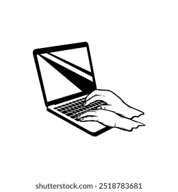 right and left hand typing on a black and white laptop vector line art