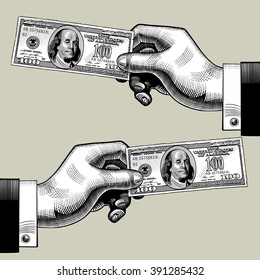 Right and left hands with the 100 dollars bank note. Vintage engraving stylized drawing. Vector illustration 