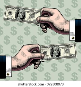 Right and left hands with the 100 dollars bank note. Vintage engraving stylized color drawing. Vector illustration 