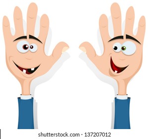 Right And Left Hands Up!/ Illustration of cartoon happy funny right and left hands characters with human heads inside smiling and looking at each other, for entertainment and children