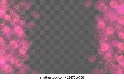 Right and left pink, red, purple bokeh and lights on transparent background, Happy Valentine's day card for party, holiday design, decor, banner, poster, web, invitation. Vector illustration. 