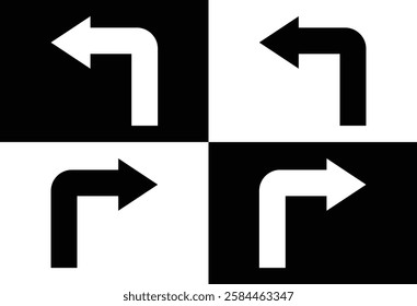 Right and Left Turn Arrow Icons on Black and White Background.